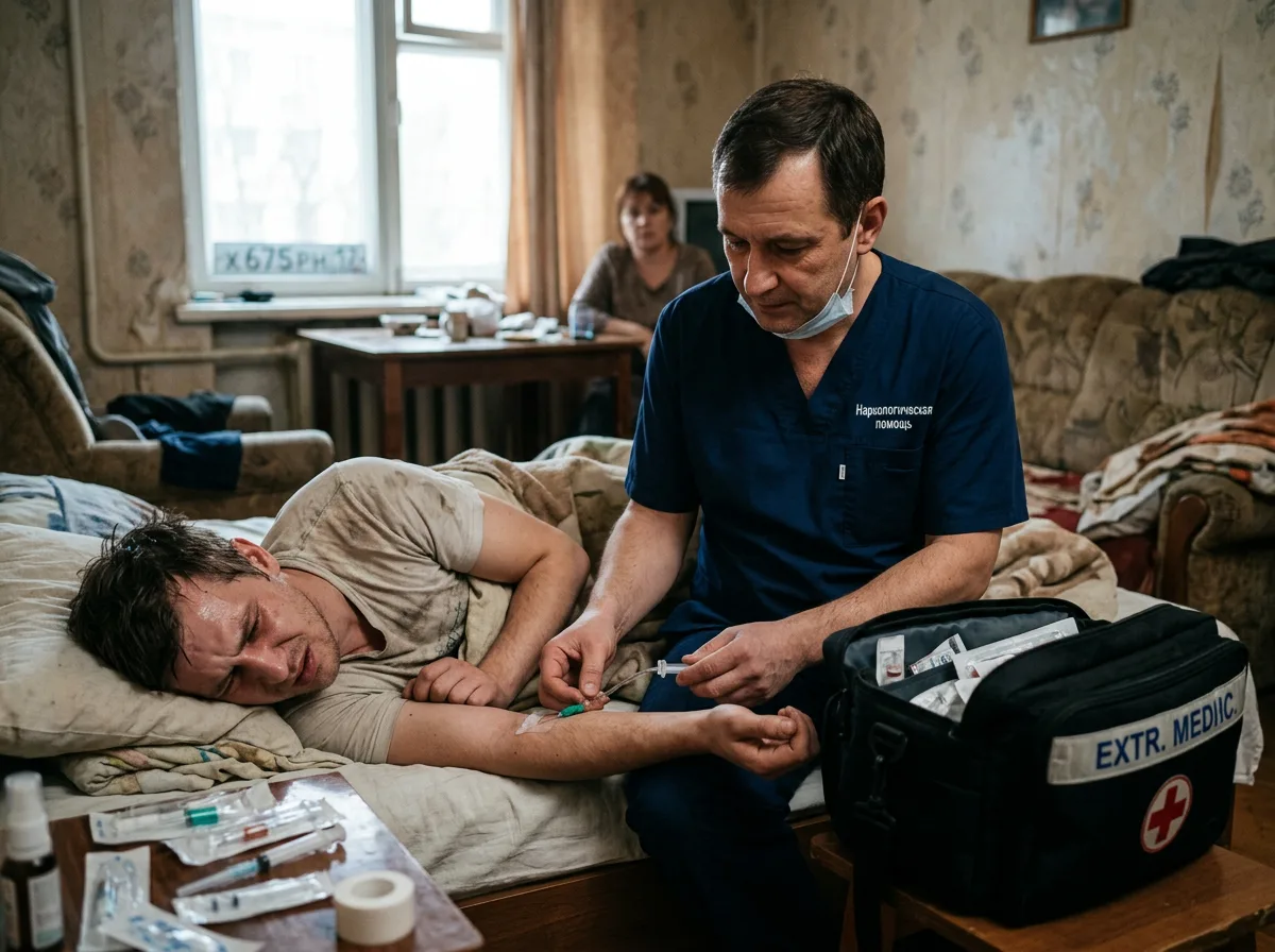 Врач-нарколог оказывает медицинскую помощь при наркотической ломке дома, мужчина на кровати, экстренная наркология