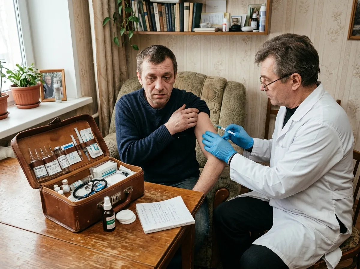 Врач-нарколог делает инъекцию для кодирования от алкоголизма на дому, медицинский чемоданчик на столе