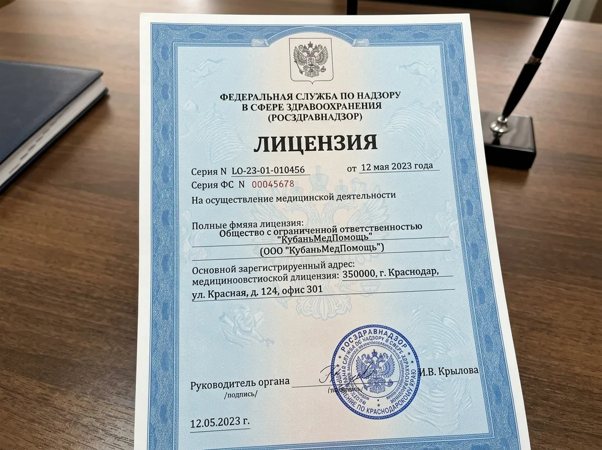 Лицензия на медицинскую деятельность ООО КубаньМедПомощь, документ Росздравнадзора с официальной печатью, бланк синего цвета