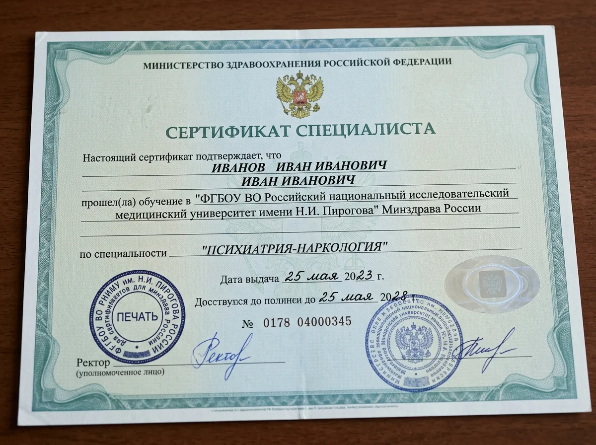 Сертификат специалиста психиатра-нарколога, документ с медицинской печатью и подписью врача, официальный бланк Минздрава